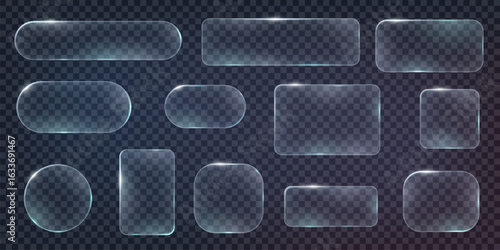 Set of frames and design UI UX elements in the style of liquid glass.Collection of glossy, transparent glass buttons in various shapes. Ideal for UI and digital design concepts.