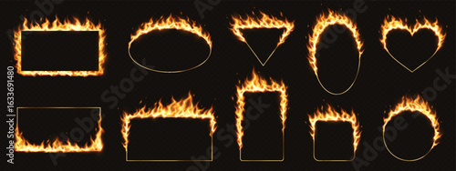 Digital illustration of geometric shapes surrounded by flames. Fiery frames create a dynamic and intense visual effect. Perfect for dramatic design contexts.