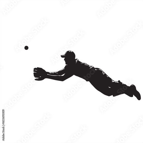 Silhouette of a Fielder Diving to Catch a Cricket Ball - Vector Illustration