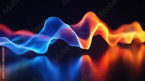 3D render of colorful sound waves moving in the shape of two overlapping shapes on a black background, with a blue and orange gradient, and light reflection. 