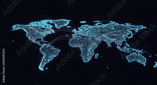 Abstract World Map Network Glowing Blue on Black Background