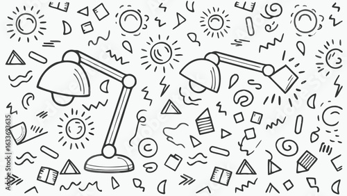 Illustration featuring two desk lamps surrounded by various geometric shapes and doodle elements in black and white