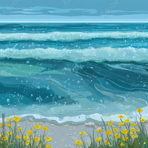 Ocean waves on sandy shore, with yellow flowers