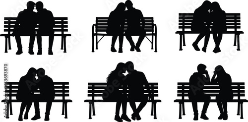 Couples on bench, romantic silhouette, love illustration, hugging pose, kissing clipart, black vector, intimacy design, relationship concept, affection artwork