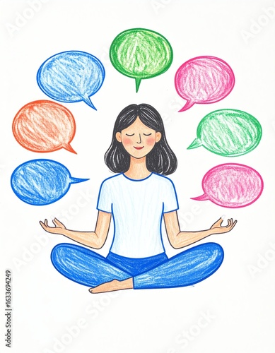 A serene woman meditating with colorful speech bubbles, symbolizing mindfulness and inner peace.