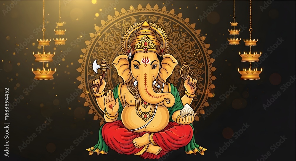 Fototapeta premium Illustration of lord ganesha in a seated position with decorative elements and hanging lamps around him