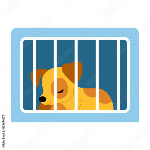 Sleeping cute puppy in a cage. Vector flat cartoon illustration isolated on white. Homeless dog in an animal shelter. Concept of adoption and pet care.