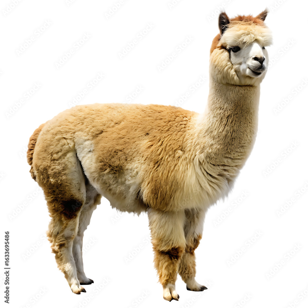 Obraz premium Fluffy alpaca standing isolated on a transparent background