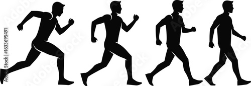 Movement silhouette sequence, walking pose, brisk walk, jogging motion, running figure, black icon, athlete transition, vector graphic, sports illustration