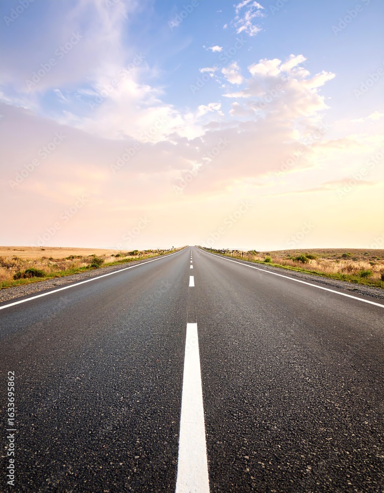 Fototapeta premium A long open road stretching into the distance under a beautiful sky at sunset.