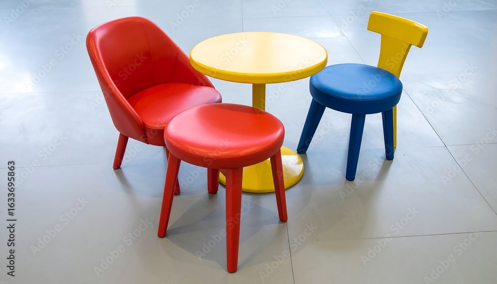 Obraz premium Modern children's furniture set in vibrant primary colors. A red chair, a blue chair, a red stool, and a yellow table for a kid's playroom interior.
