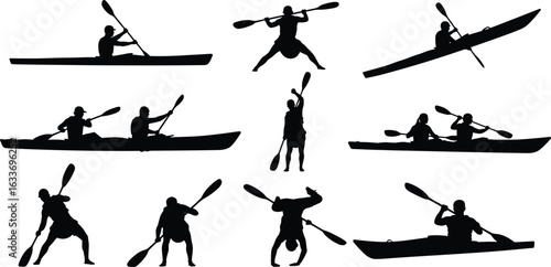 Silhouettes of people kayaking, dynamic paddling poses, water sport activity, outdoor adventure, canoeing motion, kayak teamwork, fitness, recreation