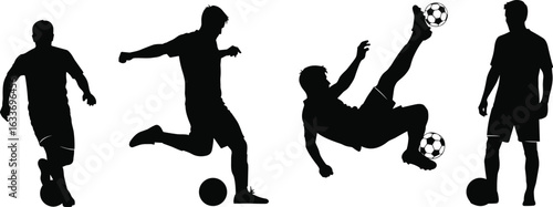 Soccer player silhouette, kicking pose, bicycle kick, standing with ball, football action, athlete figure, sports icon, vector graphic, black shape