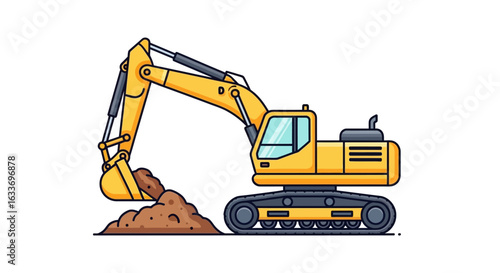 A cartoon illustration of a yellow excavator digging into a pile of dirt, set against a clean white background, perfect for educational or industrial themes.