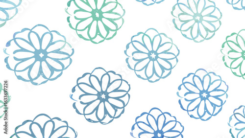 Watercolor floral pattern with blue and green flowers arranged on a white background in a repeating design