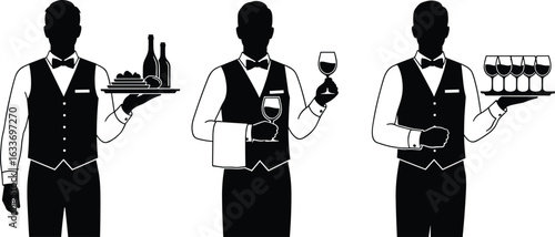 Waiter silhouette illustration, formal uniform, serving tray, wine glass, restaurant staff, catering service, black figure, hospitality icon, vector graphic