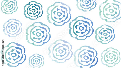 Watercolor floral pattern with blue and teal roses scattered on a white background in a seamless design