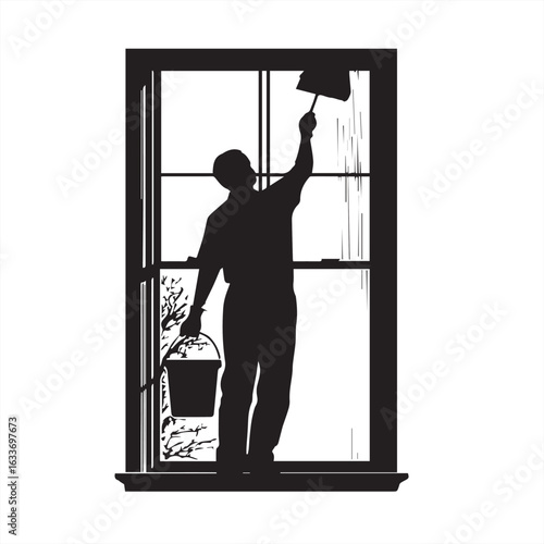 Silhouette of a Man Cleaning a Window – Vector Illustration