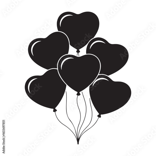 Bunch of black heart shaped balloons vector isolated on white background.