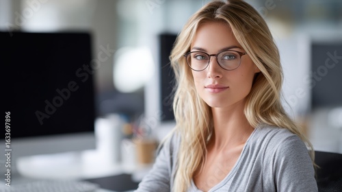 Free Download Confident young blonde woman with eyeglasses sits thoughtfully at her modern office desk, working on computer. Her focused expression conveys professionalism determination, perfect business - GFXLoad