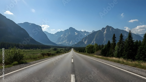Majestic Mountain Road Cinematic Background - Path Through Forest to Peaks - Aerial Landscape Nature Photography, 8K Ultra Realistic