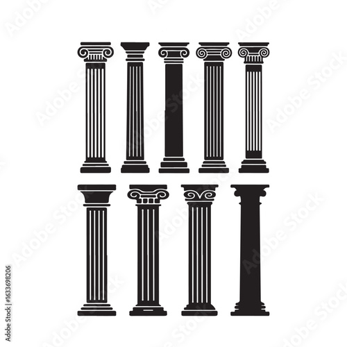 Collection of classical architectural columns silhouette vector isolated on white background