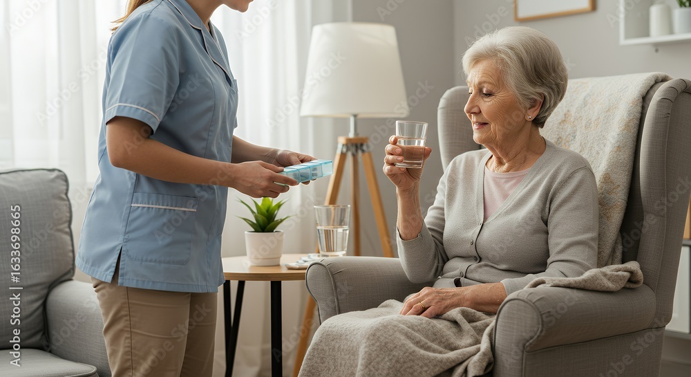 Fototapeta premium Caregiver Assisting Senior Woman with Medication and Water in a Home Setting