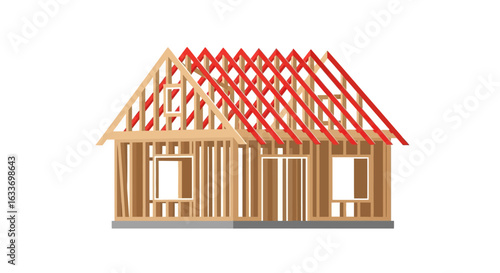 Wooden house framing construction in progress, showing roof trusses and wall studs for a new residential building.