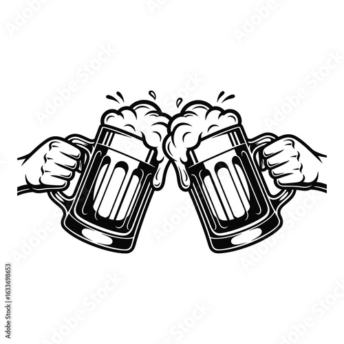 Two mugs of beer toasting in monochrome for Oktoberfest celebration and pub gathering with delicious froth