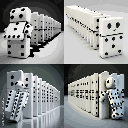 Digital graphic art piece showing four perspectives of dominoes arranged in rows, with small figures positioned within or near the lines of dominoes.