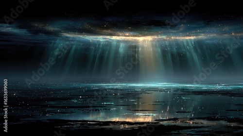 Underwater city, celestial light beams