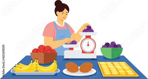 Woman weighing plums at fruit stand fresh produce market vector