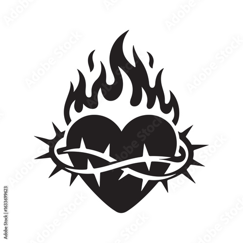 Sacred heart silhouette with flames and thorns vector isolated on white background