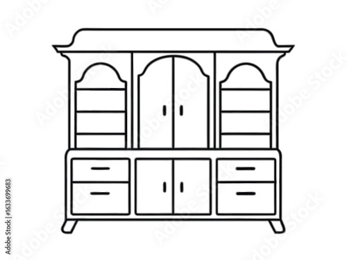 Clean line art illustration of a classic dining hutch or china cabinet for furniture design