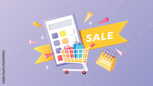 Illustration of a calculator, shopping cart with bags, sale banner and a discount notepad