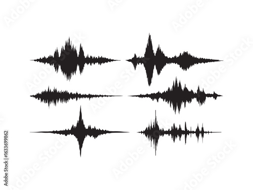 Six black sound wave vector isolated on white background