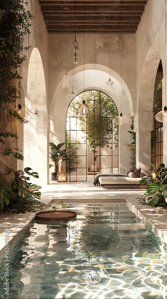 Fototapeta premium Luxurious Indoor Pool Area with Large Arched Windows Natural Sunlight Modern Minimalist Design