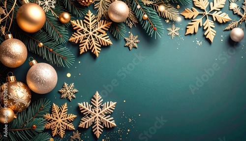 Festive holiday decoration display with gold ornaments and snowflakes indoor setting high-quality image cozy atmosphere aesthetic viewpoint