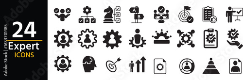 Expert Icons Set: A comprehensive collection of vector icons representing expertise and skill across various professional domains, offering a versatile resource for design and branding.