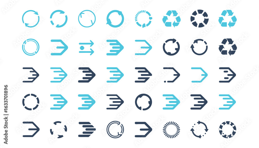 Naklejka premium Set of 35 circular arrow icons in blue and black, ideal for loading indicators, progress visuals, recycling symbols, and UI design elements