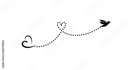 Elegant bird flying from love heart creating dotted line path for romantic design projects and Valentine's