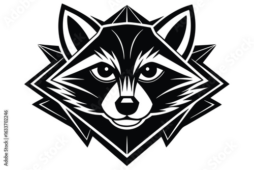 Raccoon stares forward against the geometric backdrop in this stark black and white depiction