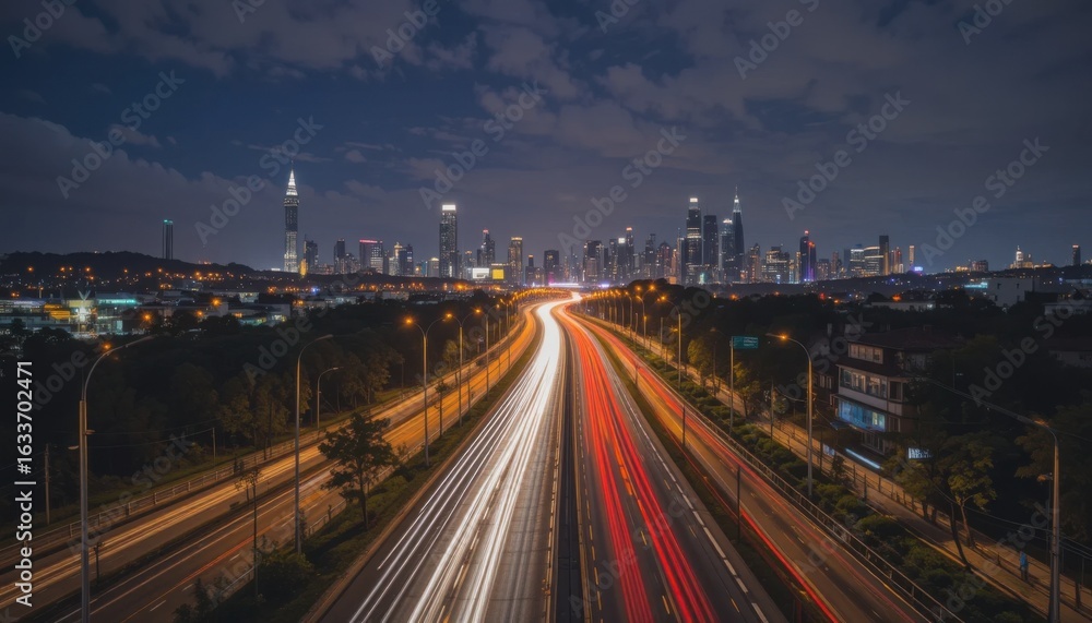 Fototapeta premium Night City Highway with Light Trails and Cityscape 