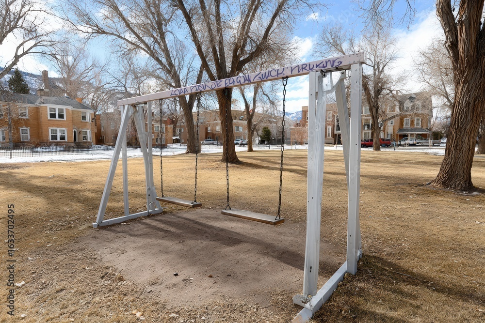 Fototapeta premium Empty wooden swing set dominates quiet urban park in winter. Bare trees, historical residential buildings, clear sky frame scene, evoking feelings nostalgia solitude in forgotten playground area.