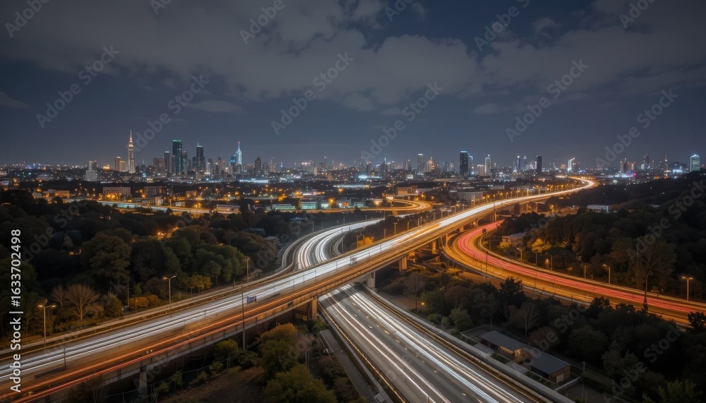 Fototapeta premium Night City Highway with Light Trails and Cityscape 