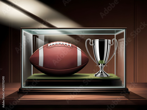 Football trophy display case with championship ball victory award