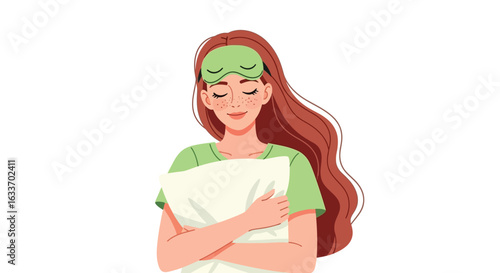 Woman sleeping well with sleep mask and pillow illustration
