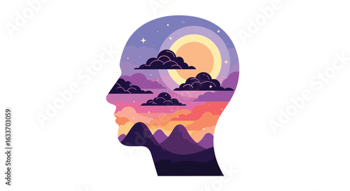 Mindfulness meditation concept head with clouds and mountains