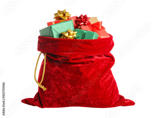 Red Velvet Santa Sack Overflowing with Wrapped Gifts, Standing Upright, Isolated