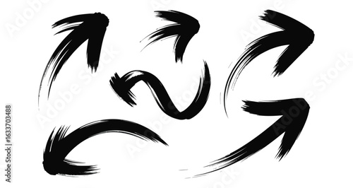 Set of artistic brush stroke arrows in various directions, ideal for navigation icons, design elements, and creative visual projects